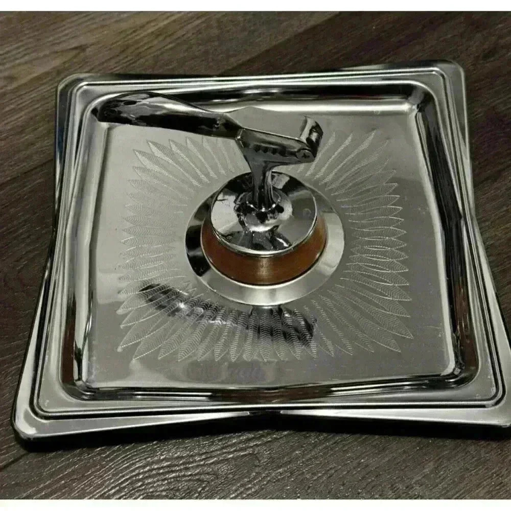 Vintage Mid Century Chrome Nutcracker on Square Etched Sunburst Serving Tray